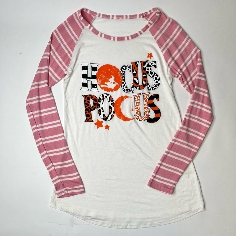 NEW HOCUS POCUS Cream Pink Striped Varsity Long Sleeve Baseball Graphic T-Shirt